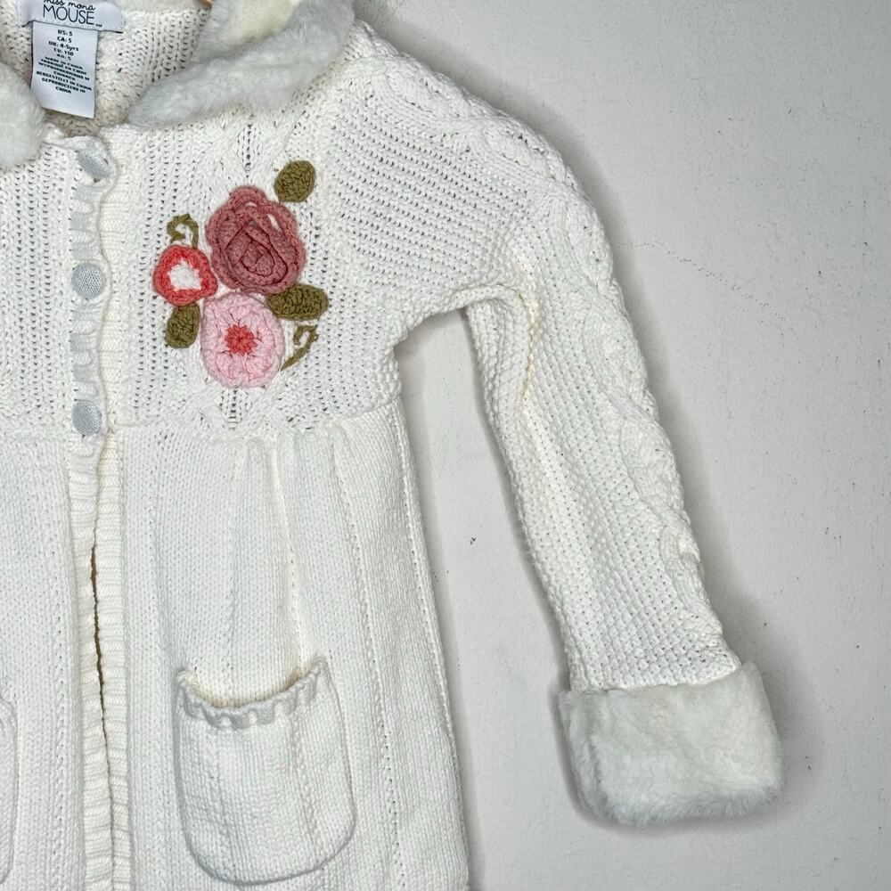 Miss Mona Mouse Girls Cardigan Size 5 Ivory Floral Faux Fur Cottagecore - Picture 7 of 12
